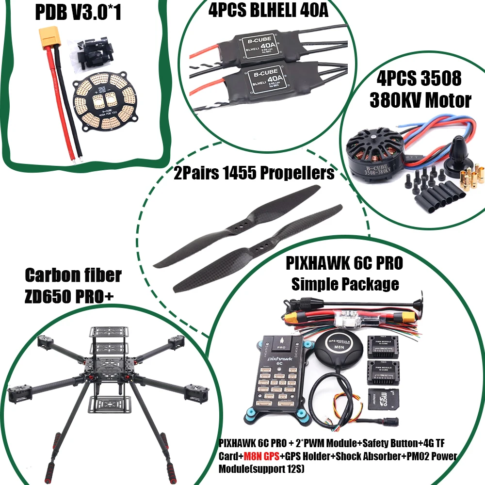 HanNiu ZD650 PRO+ 650mm Ardupilot Pixhawk Carbon fiber Quadcopter Frame FPV Quad with Carbon Fiber Landing Skid Motor 40A ESC