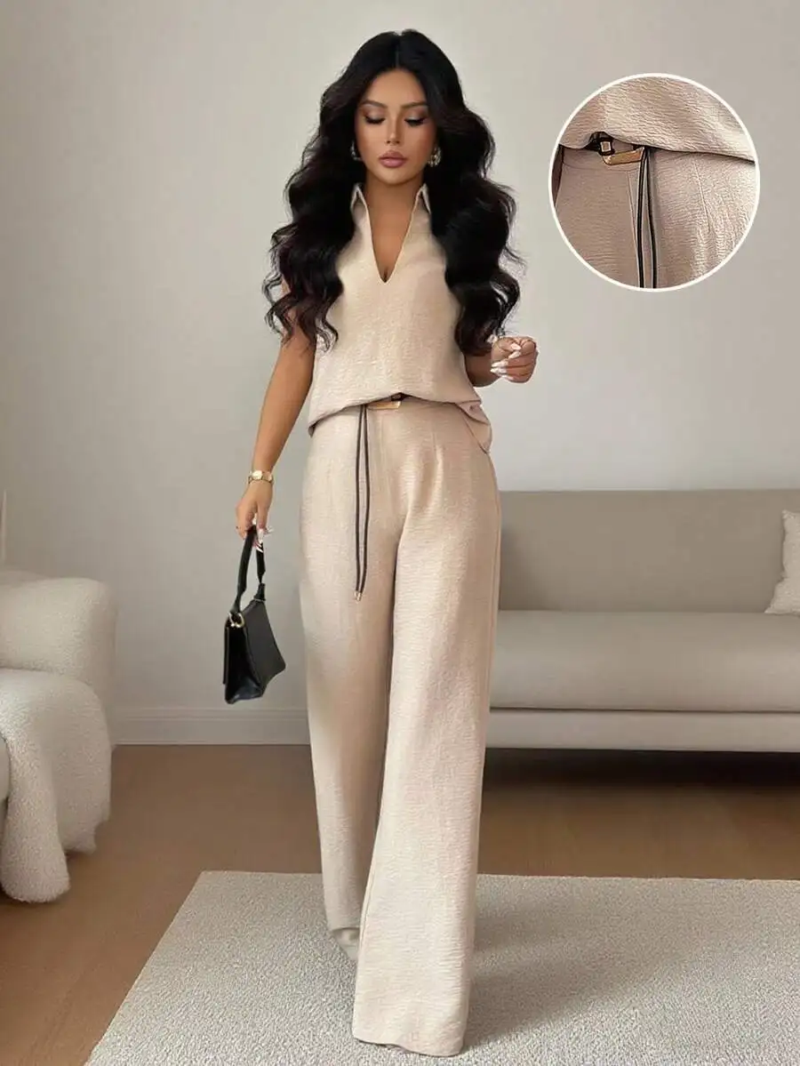 

Beige V-Neck Sleeveless Top & Wide-Leg Pants Set for Women