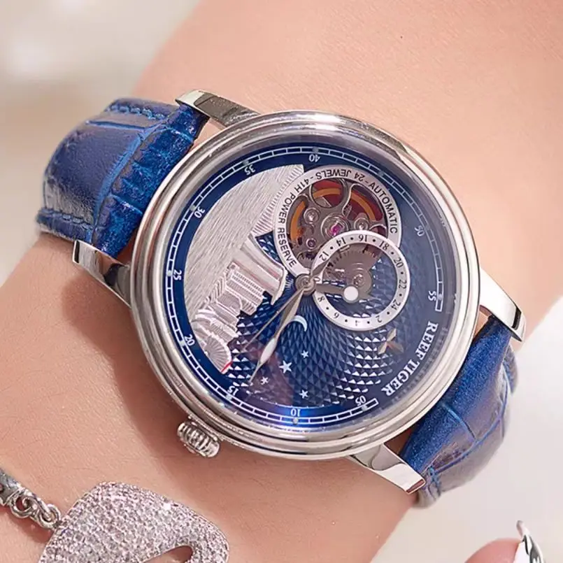Reef Tiger Men Automatic Watch 37mm Couple Ladies Mechanical Wristwatch Waterproof  Sapphire Skeleton 24 Hours ‌Cityscape‌ Dial