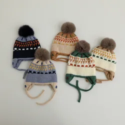 Cute Pom Pom Kids Knit Hat Autumn Winter Warm Kids Ear Protection Caps for Girls Boys Beanie Cap Soft Kids Bonnet Caps