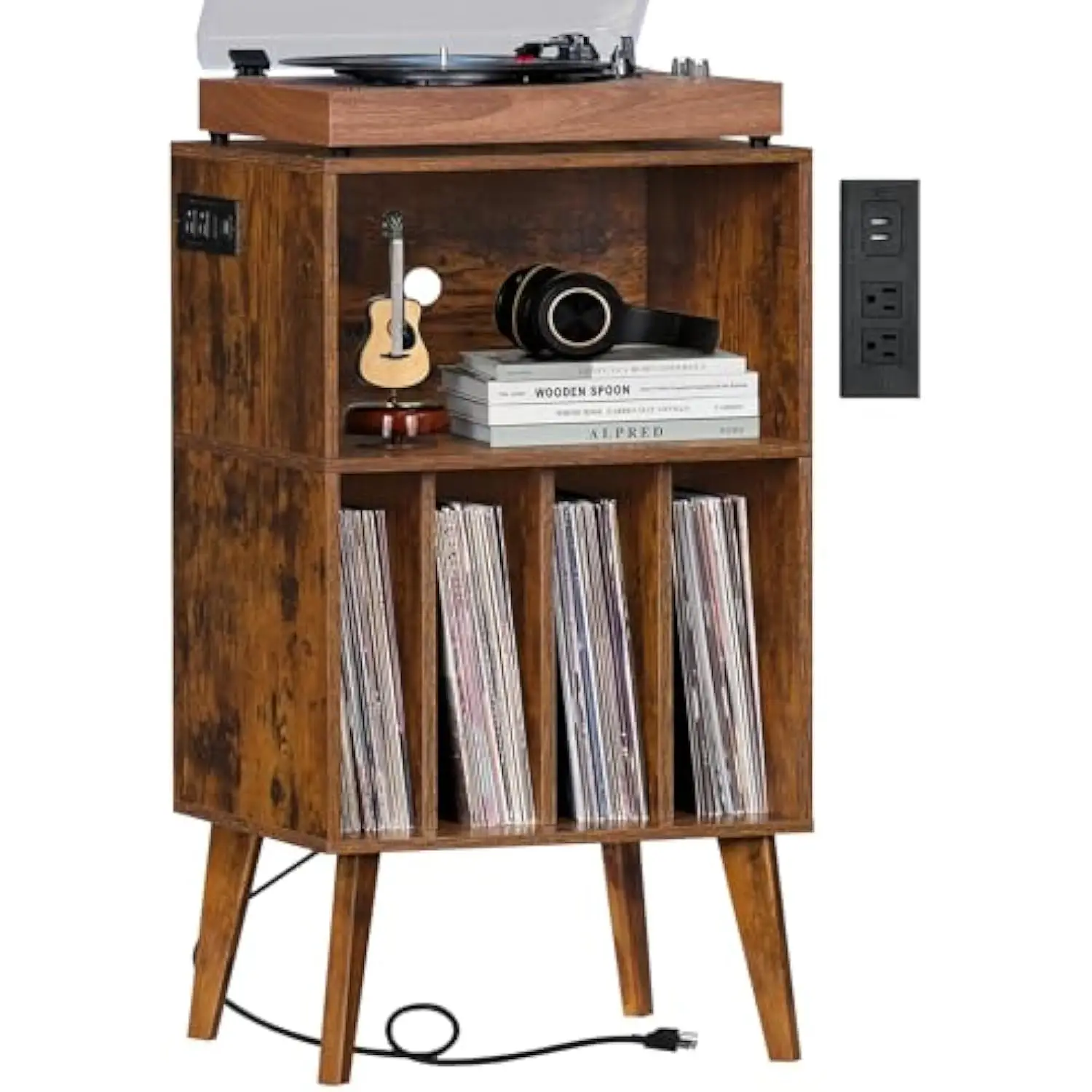

Record Player Stand with Charging Station, Brown Turntable Stand Holds up to 160 Albums, Mid-Century Vinyl Storage Cabinet Tab