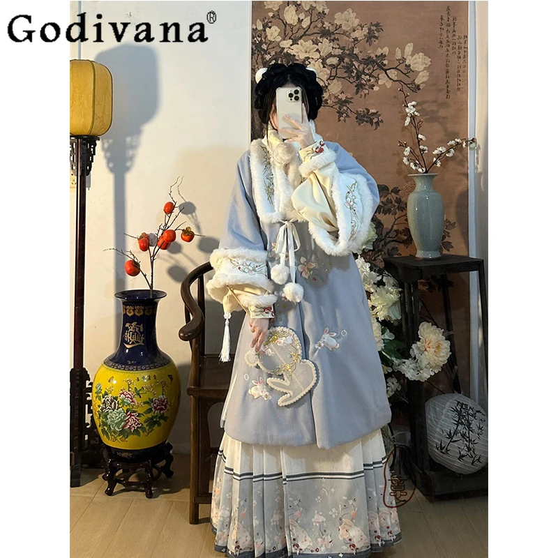 

Winter Daily Outfit with Horse Face Skirt for Women Chinese Style Collared Shirt Long Skirt and Coat Suits Female Warm Set