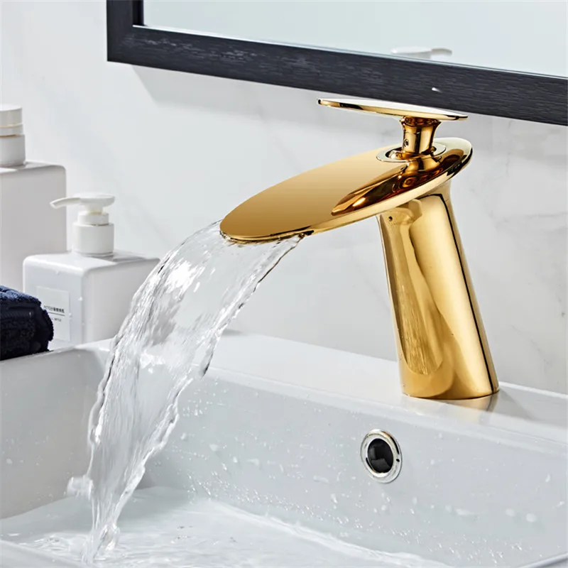 

Gold Basin Faucet Brass Bathroom Faucet Waterfall Cold And Hot Mixer Sink Tap Single Handle Deck Mounted Gold/Rose gold