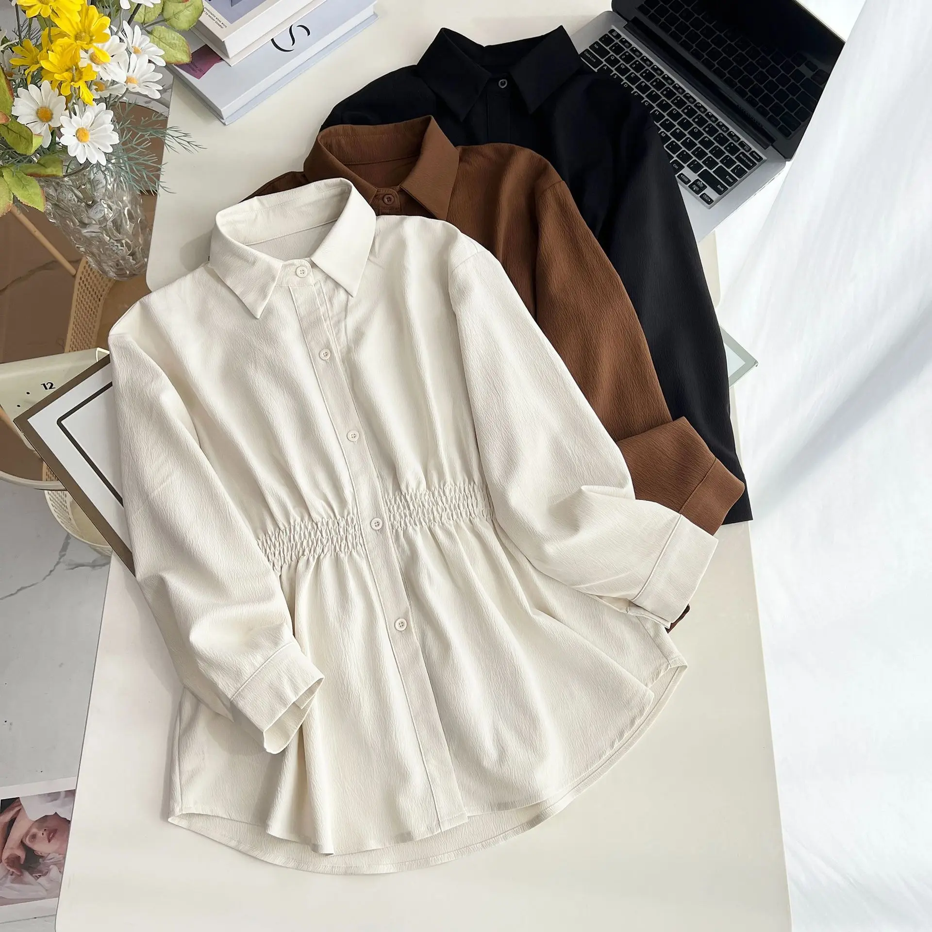 

XXXXL Autumn New Stylish Waist Cinching Long Sleeved Casual Shirt Fashion Plus Size Women's Bouses