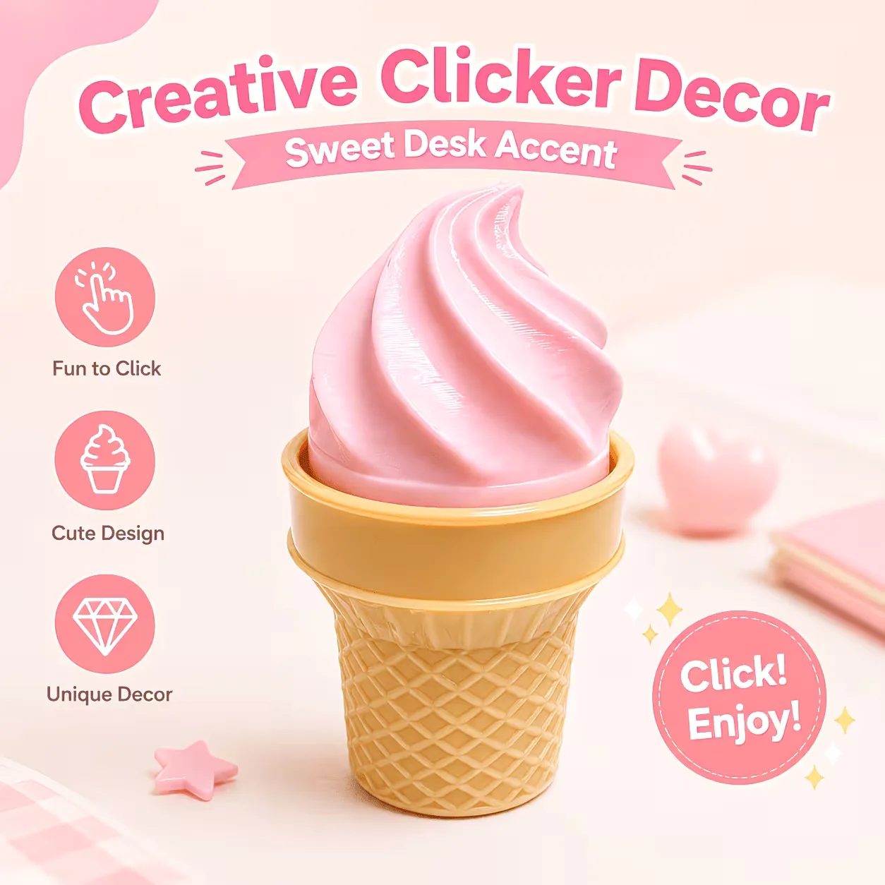 1/2 Pcs Ice Cream Clicker Desk Decor, Cute Dessert Desktop Companion, Pink Soft Serve Cone Desk Accent