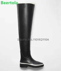 Round Toe Real Leather Long Boots For Female Women 2024 New Flat With Luxury Sample Design Slip-on Rainning Boots Runway Shoes