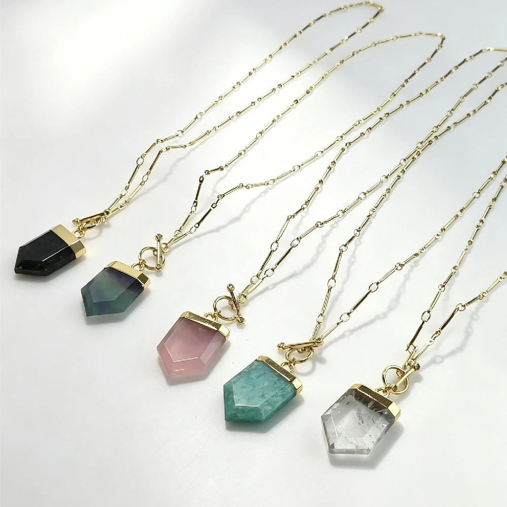 1PC Natural Gemstone Hexagon Pendant Necklace Multi-color Healing Crystal Women Fashion Jewelry Gold Plated N2C2110T