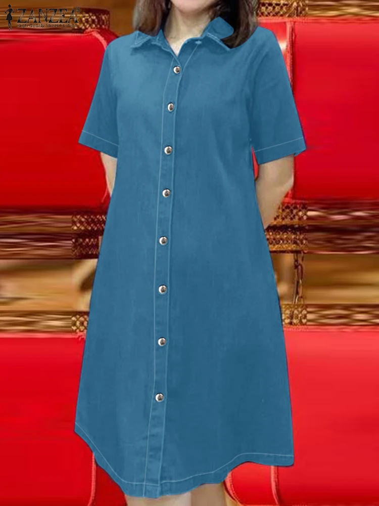 ZANZEA 패션 여름 드레스 데님 블루 Sundress 여성 빈티지 옷깃 넥 짧은 소매 작업 Vestidos 캐주얼 솔리드 버튼 드레스