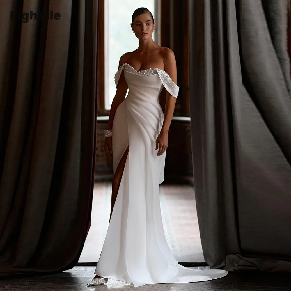 

Eightale Arabic Wedding Dresses Beaded Pearls Customized Satin White Ivory off Shoulder Mermaid Bridal Gowns Vestidos De Novia
