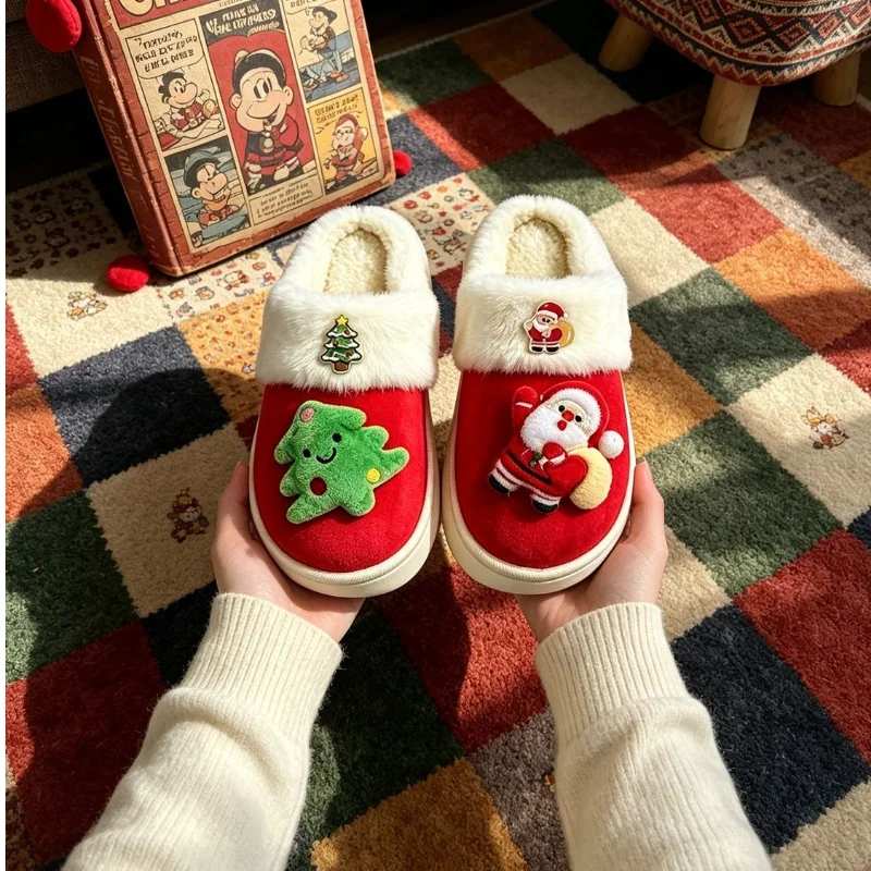 Thick Bottom Fluffy Fur Cartoon Christmas Slippers Women Cute Santa Claus Home Warm Slippers for Couple Comfy Plush Indoor Shoe
