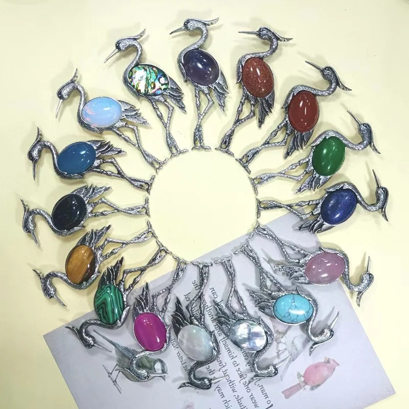 Inlaid shell crane pendant, dual-use, made of natural pink quartz, amethyst, agate, and abalone shell