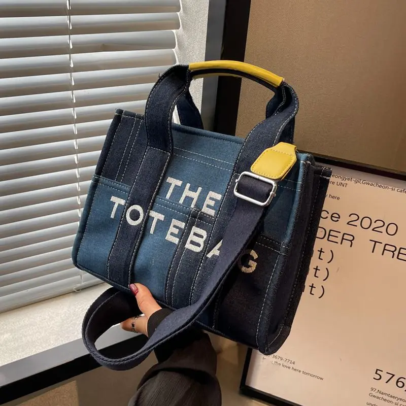 Large Capacity Commuter Tote Bag 2023 Women\'s Contrast Letter Panel Denim Crossbody Bags High Street Lightweight Storage Handbag