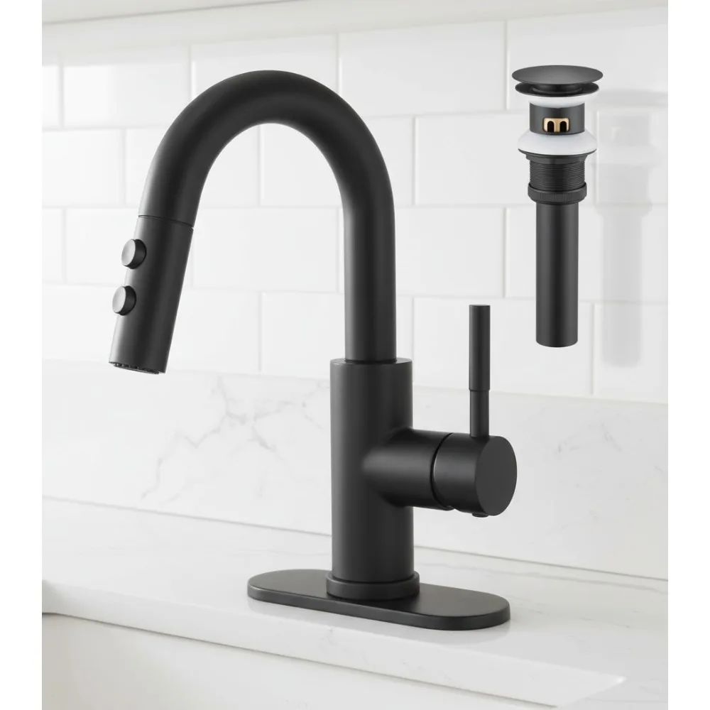 

Matte Black Pull Down Bathroom Faucet with Sprayer, Single Handle Sink Tap with Pop-Up Drain for Easy Cleaning