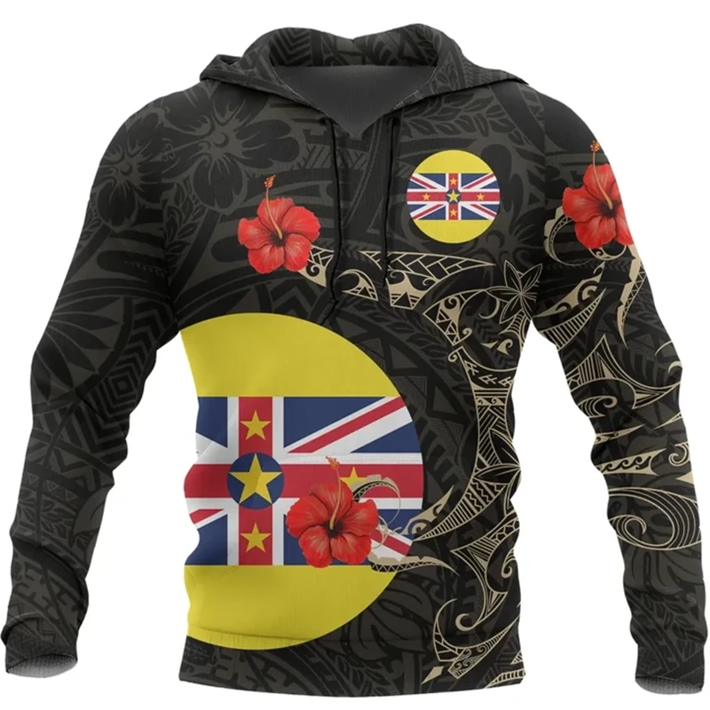 Vintage Niue Flag Hoodie For Men NU Oversized Casual Hooded Sweatshirts Pullovers Long Sleeve Male Tops Street Apparel Clothing