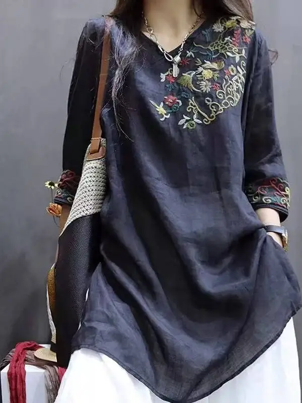 Csa Larga Retro de Aodón y Lino con Bordado para Mujer, Talla ande, Verano, Casual, Cuello en V, Estilo Adeazante, B...