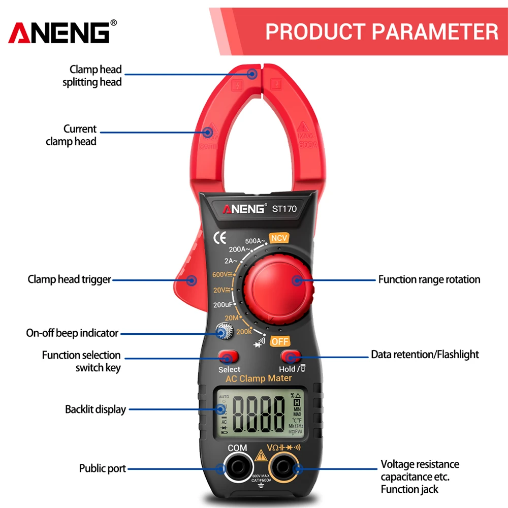 ANENG ST170 Clamp Meter Digital Multimeter 500A AC Current AC/DC Voltage Tester 1999 Counts Hz Capacitance NCV Ohm Diode Test