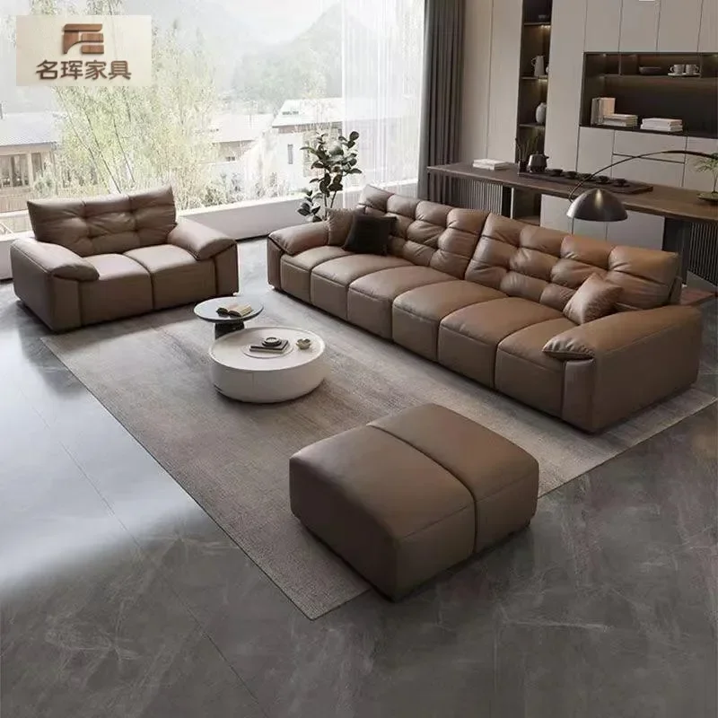 Italian Minimalist Elephant Ear Leather Sofa Modern Straight Row Couch for Small Apartment High End Living Room Furniture