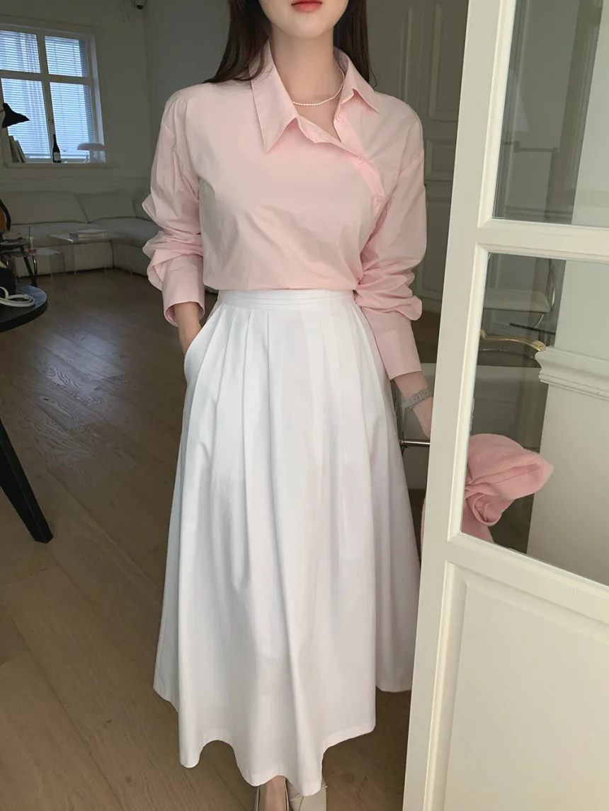 

Elegant Spring Autumn Design Sense Shirt Sweet Style Pink Whitening Side Button Long Sleeve Chic Shirt Pure Color ...