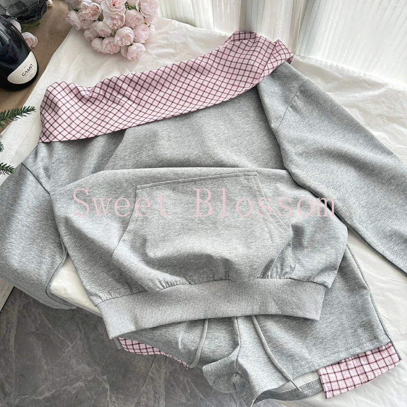 Koreanische Casual Adrette 2-teiliges Set Frauen Off Schulter Plaid Patchwork Tops + Dünne Shorts Neue Täglichen Tragen Mode Anzug 2025