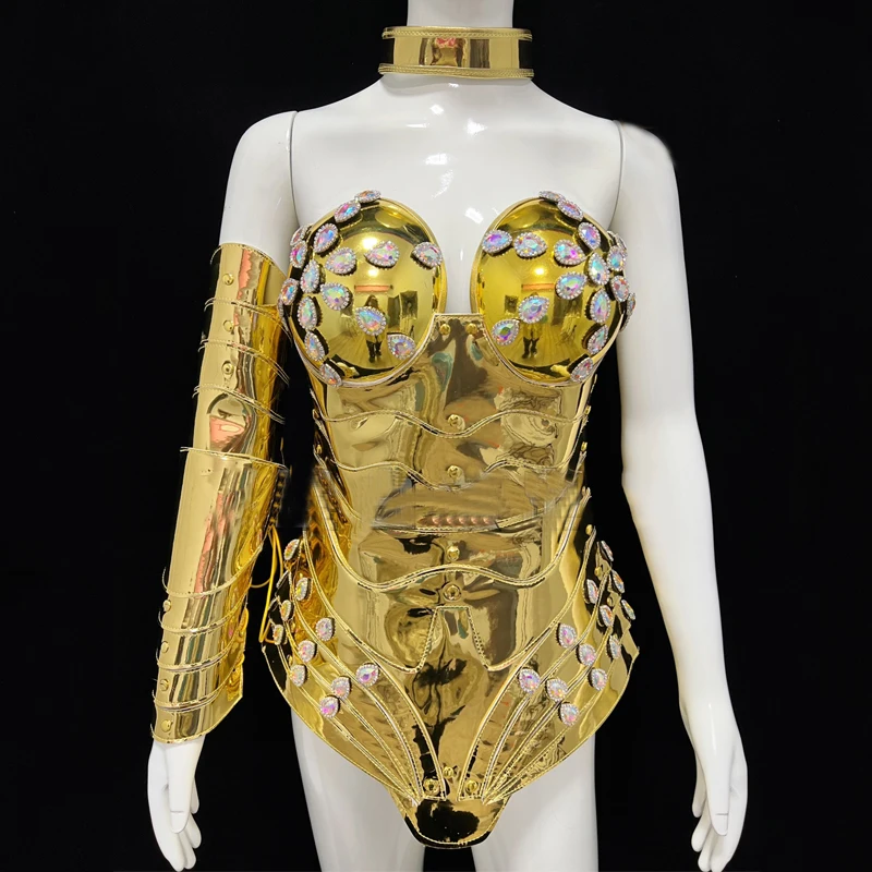 Body avec armure dorée et strass pour femmes, tenue de Performance sur scène, Costume de chanteur, spectacle de danse folklorique