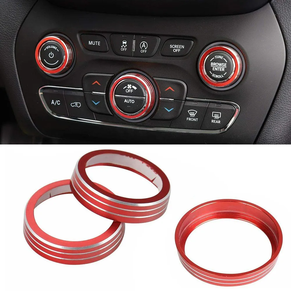 2014-2019 Knob Covers Aluminum Alloy Red Rust-Proof Switch Trim 3 Pcs Ac Air Conditioner Audio Central Console