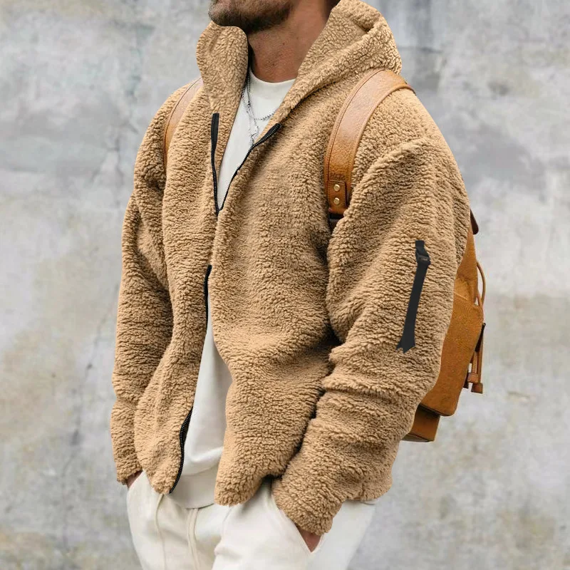 Autumn Winter Fashion Hoodies Long Sleeve Solid Lamb Wool Jackets Men's Clothing Casual Loose Pockets Korean Zipper Trend Tops