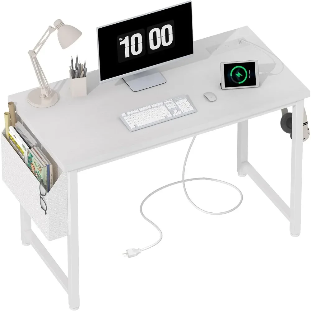 

39 inch White Computer Desk with Power Outlet, 40 inch Teen Study Table Home Office Work Writing Desks