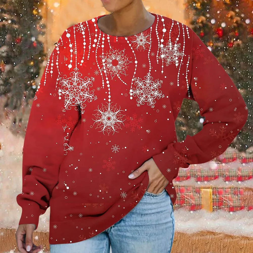 크리스마스 풀오버 가을 여성 의류 편안한 패션 3D 프린트 오 넥 느슨한 긴 소매 여성용 스웨트 크리스마스