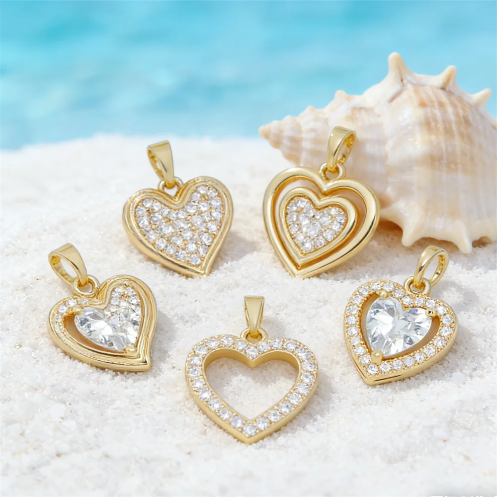 3Pcs Pendants Brass Heart Charms Inlay Zircon for DIY Jewelry Necklace Bracelet Shiny Paved Double Hollow Accessories Women Men