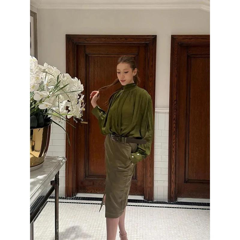 Vintage Tie Shirts Women Streetwear Sexy V Neck Folds Blouses Summer Office Ladies Korean Lace Up Long Sleeve Loose Design Tops