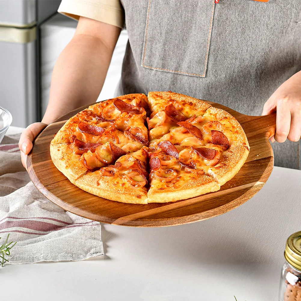 

Multipurpose Acacia Wood Round Pizza Board with Handle Wooden Cutting Board for Slicing Pizza and Serving Appetizers