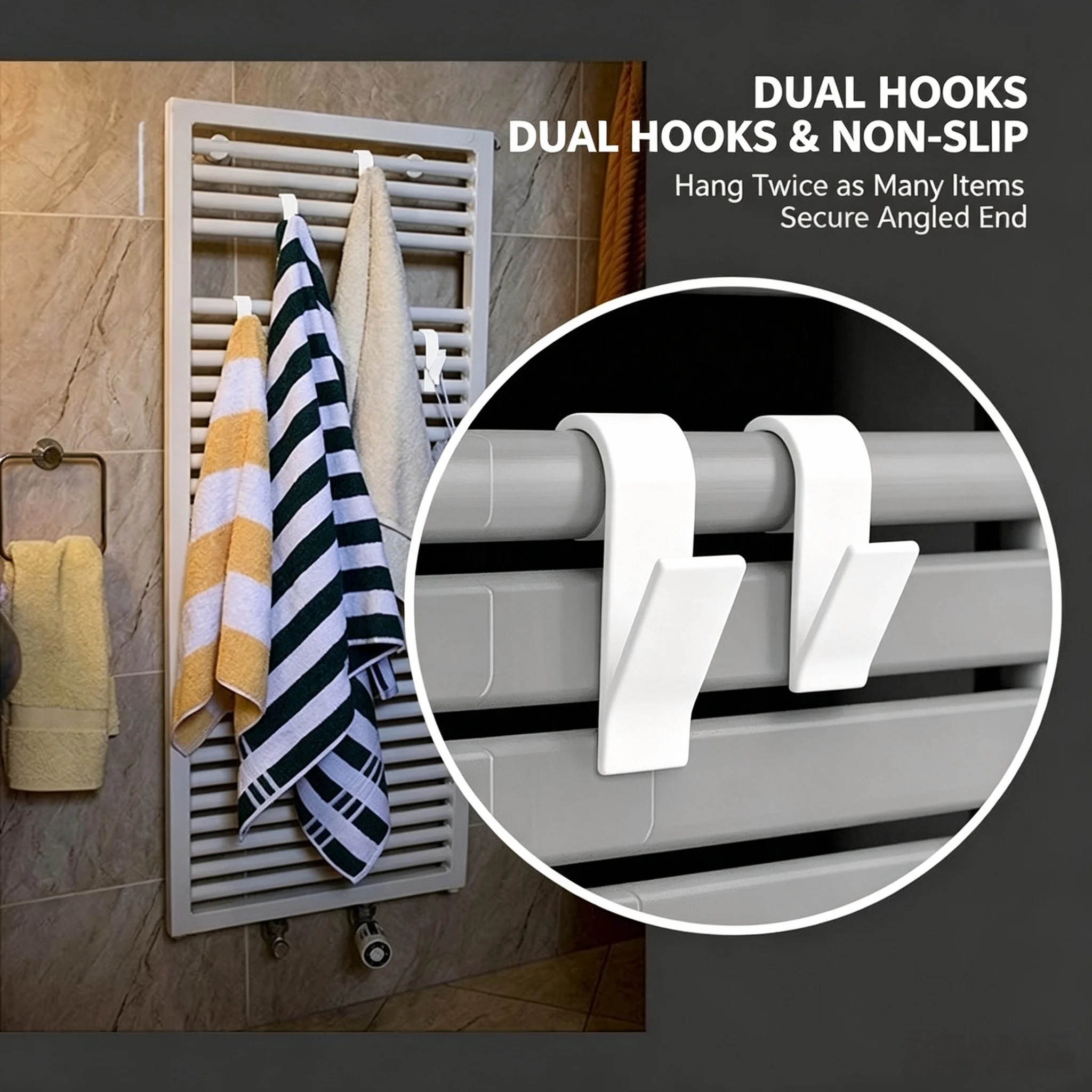 4PCS White Hooks for Heated Towel Rack, Radiator Bracket, Bathroom Towel Hanger, Heavy Duty Dual Hook Organizer for Towels, Scar