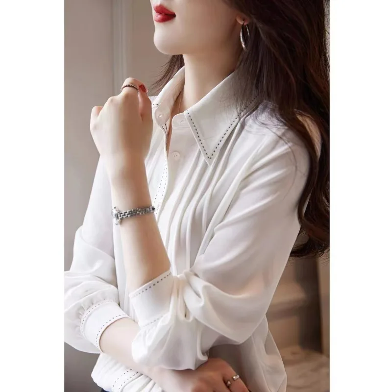 Chiffon Solid Women's Shirt Loose White Casual Blouses Folds Elegant Clothing Spring/Summer Fashion Tops