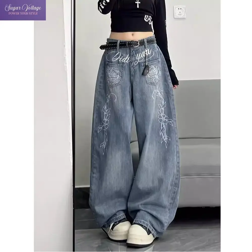 Y2K Vintage High Waist Wide Leg Jeans Women Floral Letter Embroidery Baggy Loose Fit Washed Denim Streetwear Casual Daily Outfit