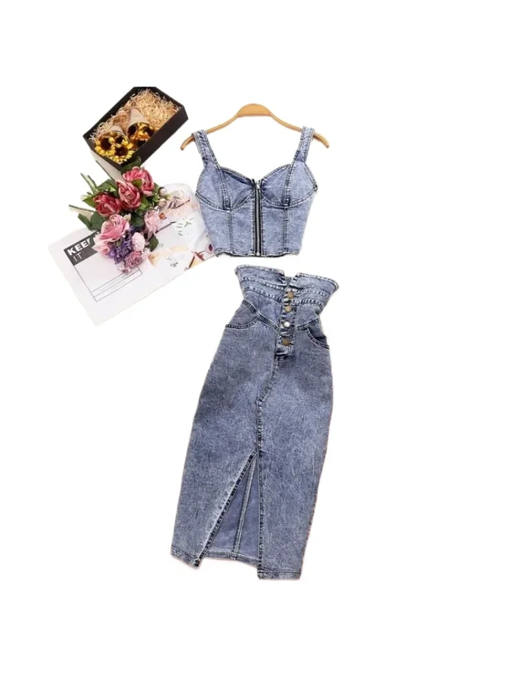 

2024 Denim Skirt Set High Quality Summer Women Jeans Vest+Skirts Sets Straps Tops Buttons Denim Skirt Suits Woman Костюм Женский