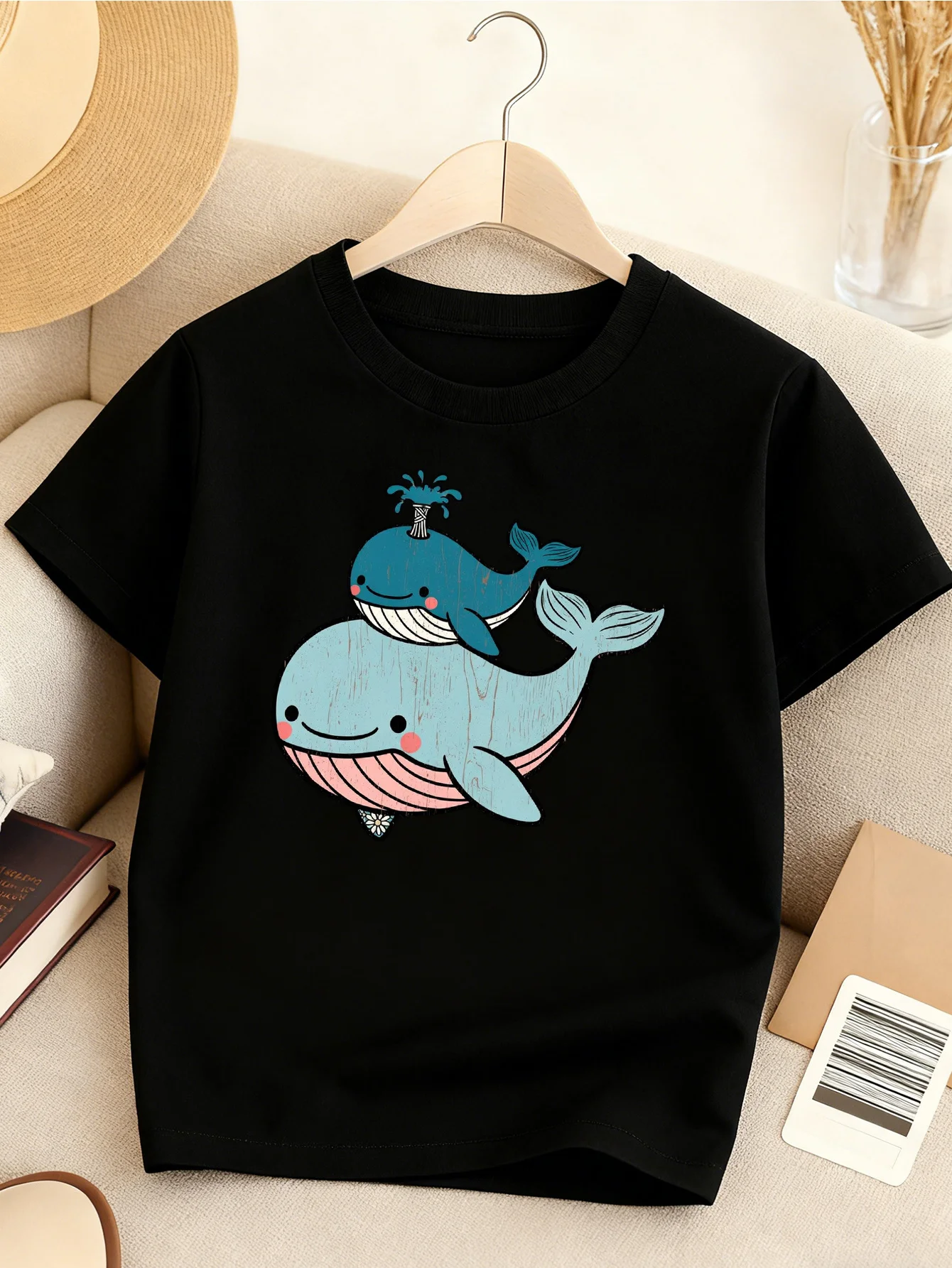 Kawaii Two Stacked Smiling Whales Vintage Marine Life Print Kids T Shirt Boys Girls Family Matching Summer Crew Neck Casual Tee