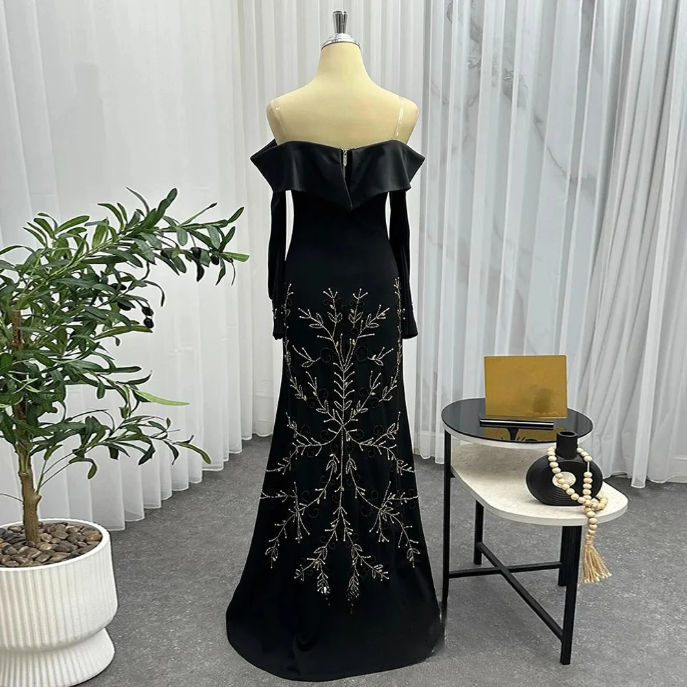긴 소매 보트넥 이브닝 드레스 맞춤형 우아한 비딩 스팽글 스윕 트레인 로브 드 소와레 아라비안 프롬 가운 매칭