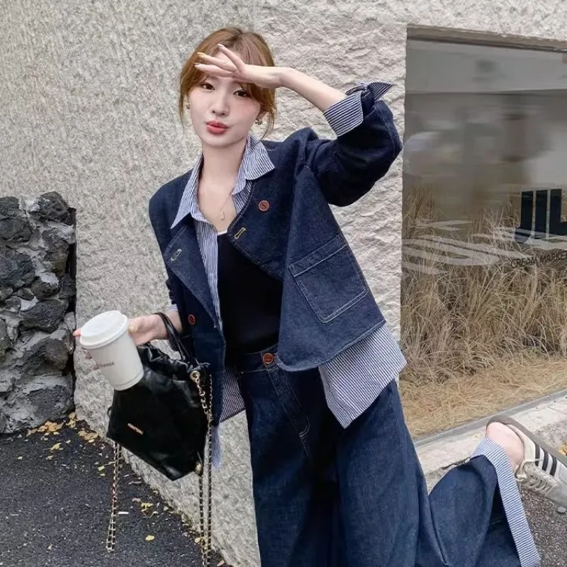 High-end Fake Two-piece Denim Suit 2026 New Women's Spring Autumn Korean Jeans Coat Jacket + Wide-leg Pants Suit Ladies Outfit