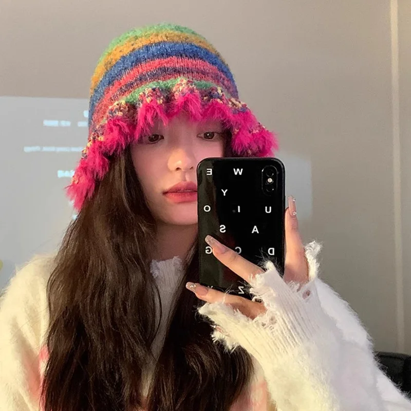 Skirt Candy Color Wool Hat Women's Autumn and Winter Warm Rainbow Ear Protector Dopamine Plush Knitted Hat