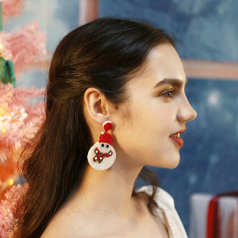 

1Pair Snowman Weaving Ear Studs Christmas Earrings Glitter Bead Lightweight Jewelry for Holiday Season Women Ear Studs