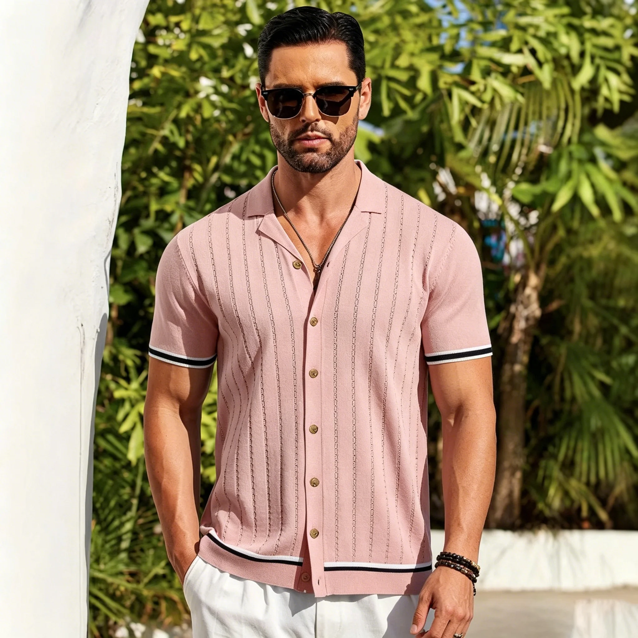 

Men Summer Knitted Shirt Short Sleeve Lapel Solid Color Casual Tops