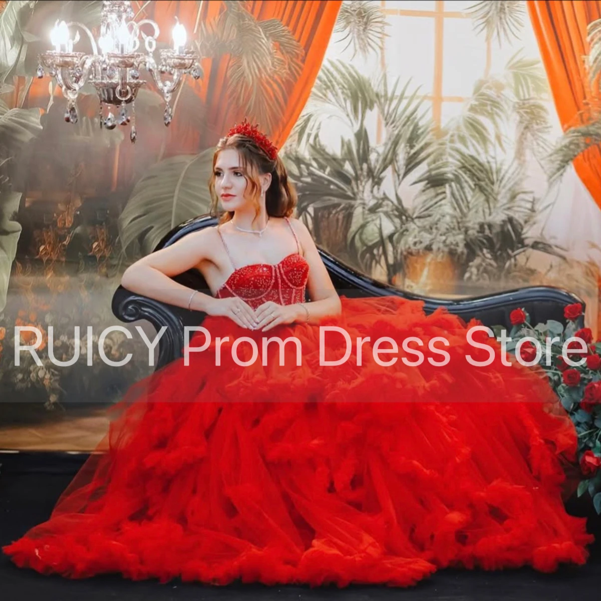 Customized Red Prom Dresses Long Tiered Ruffles Spaghetti Straps Beading Party Evening Dress Elegant Luxury Celebrity Ball Gown