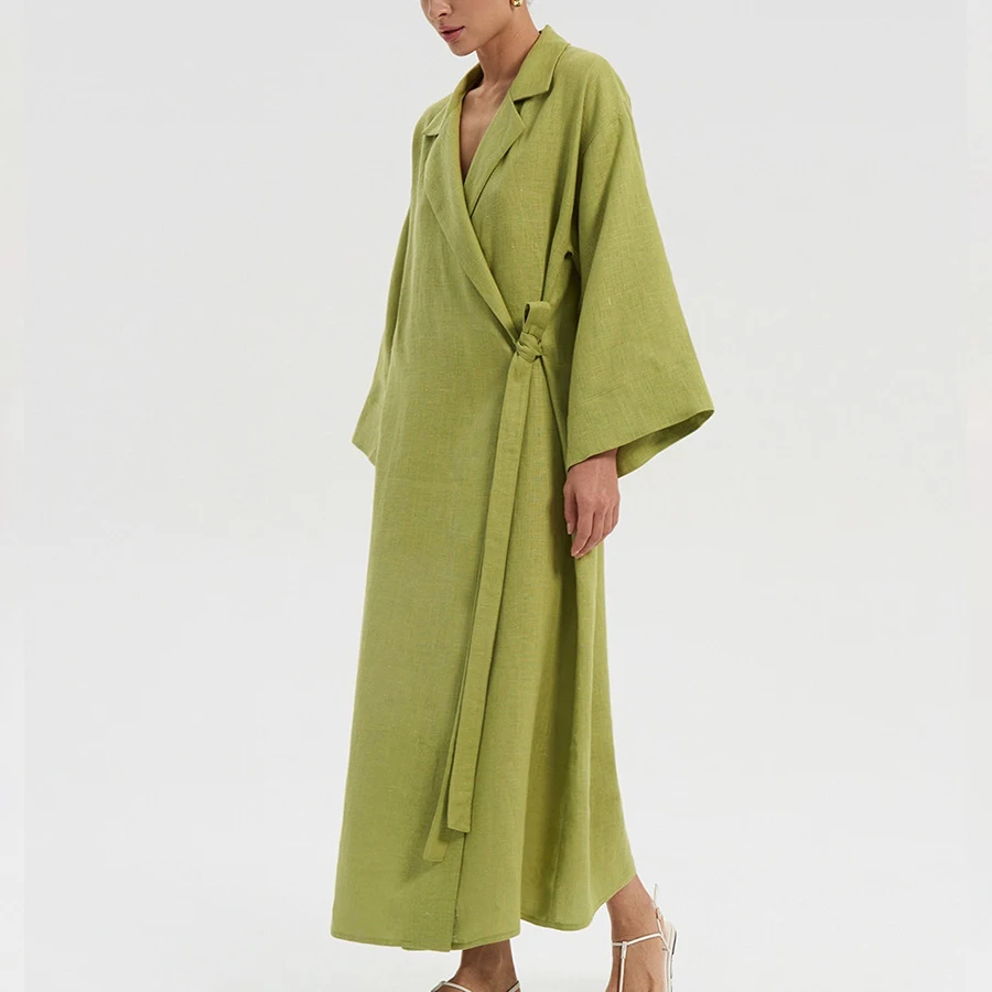 

Summer Autumn New Women Stylish Dress 2025 Linen Cotton Wrap Maxi Dress Lapel Kimono Sleeve Belted Long Robe Elegant Chic Dress
