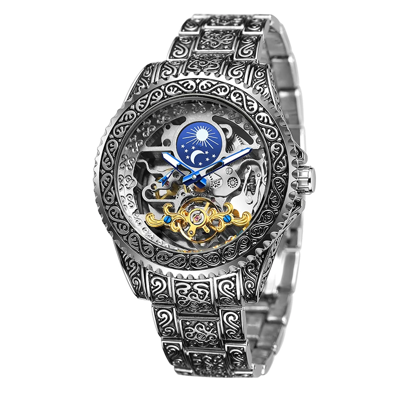 

Forsining Men's Vintage Engraving Tourbillon Automatic Watches Moon Phase Skeleton Mechanical Wristwatches Stainless Steel Strap