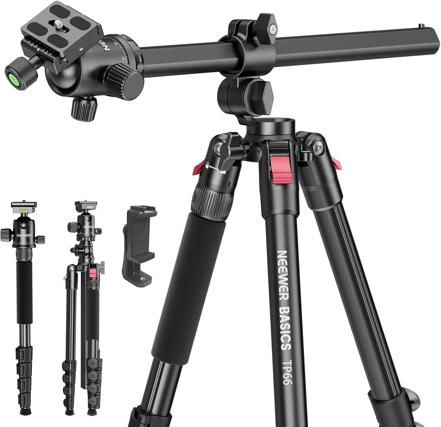 

64.5" Horizontal Overhead Tripod with Ball Head & Phone Holder, 360° Pan 180° Tilt, Supports 22lb/10kg Load
