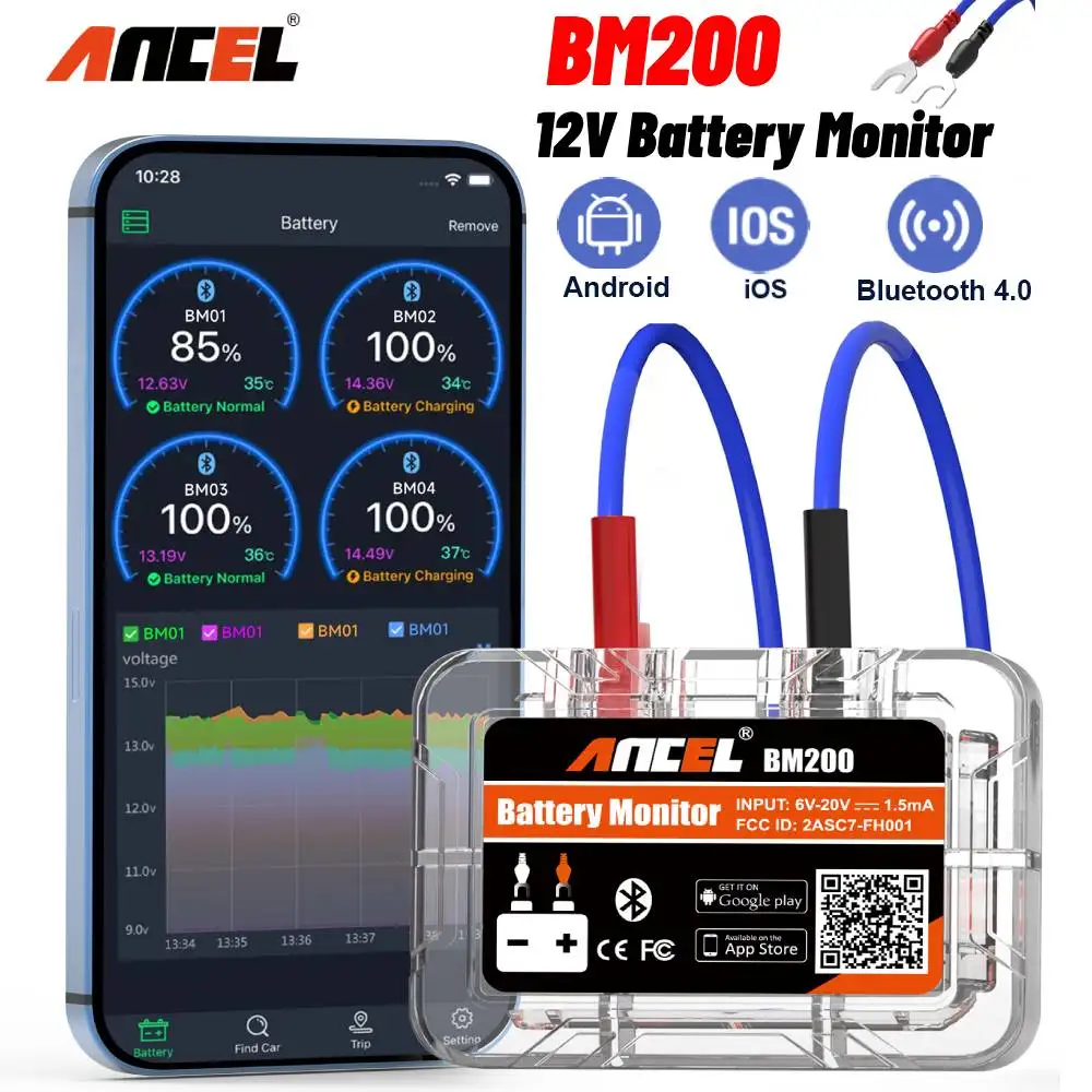 

ANCEL BM200 12V Battery Tester Wireless Bluetooth Car Battery Health APP Monitoring Battery Monitor Tools For Android IOS