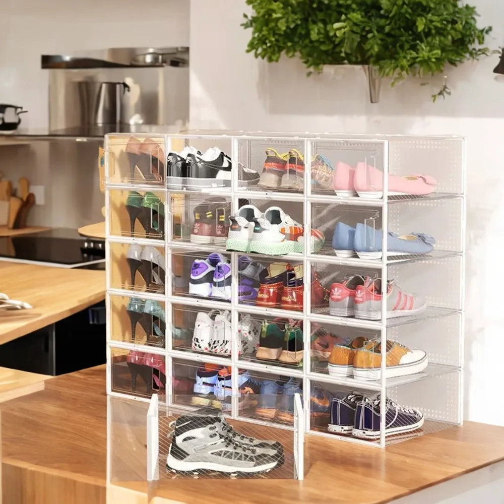 Foldable Double Door Frame Plastic Shoe Case Set of 6 - Transparent Stackable Shoe Boxes Organizer with Drawers Pet urn Urn