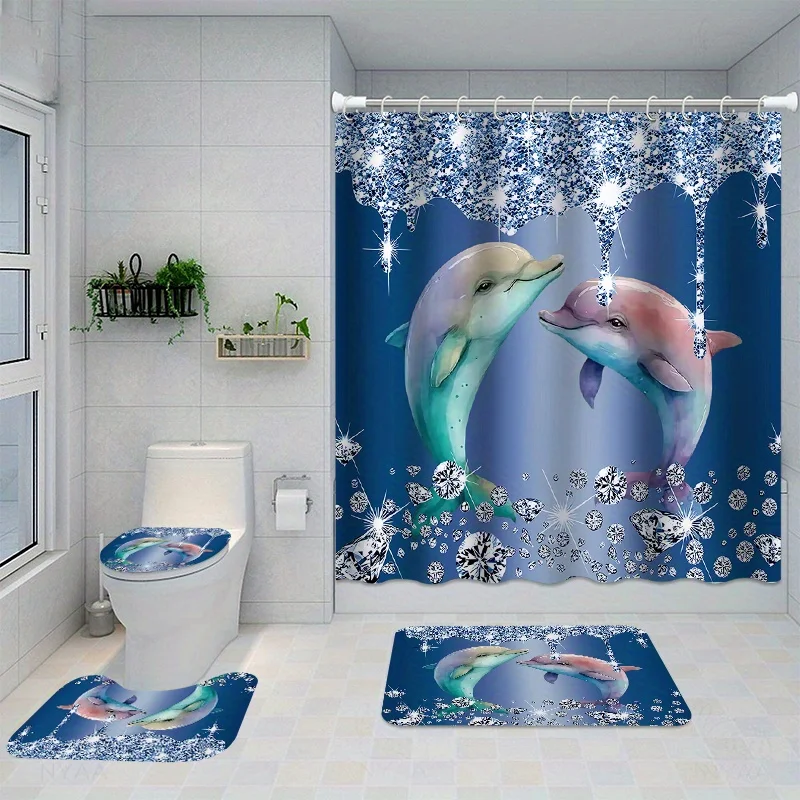 4pcs Diamond & Dolphin Printed Shower Curtain Set, Waterproof Shower Curtain With 12 Hooks, Non-Slip Bathroom Rug, Toilet U-Sh
