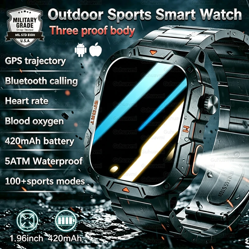 

Мужские тактические умные часы с экраном 1,96 дюйма, водонепроницаемые (5ATM), GPS-трекер, мониторинг здоровья, 100+ видов спорта, голосовые вызовы, совместимость с Android и iOS
