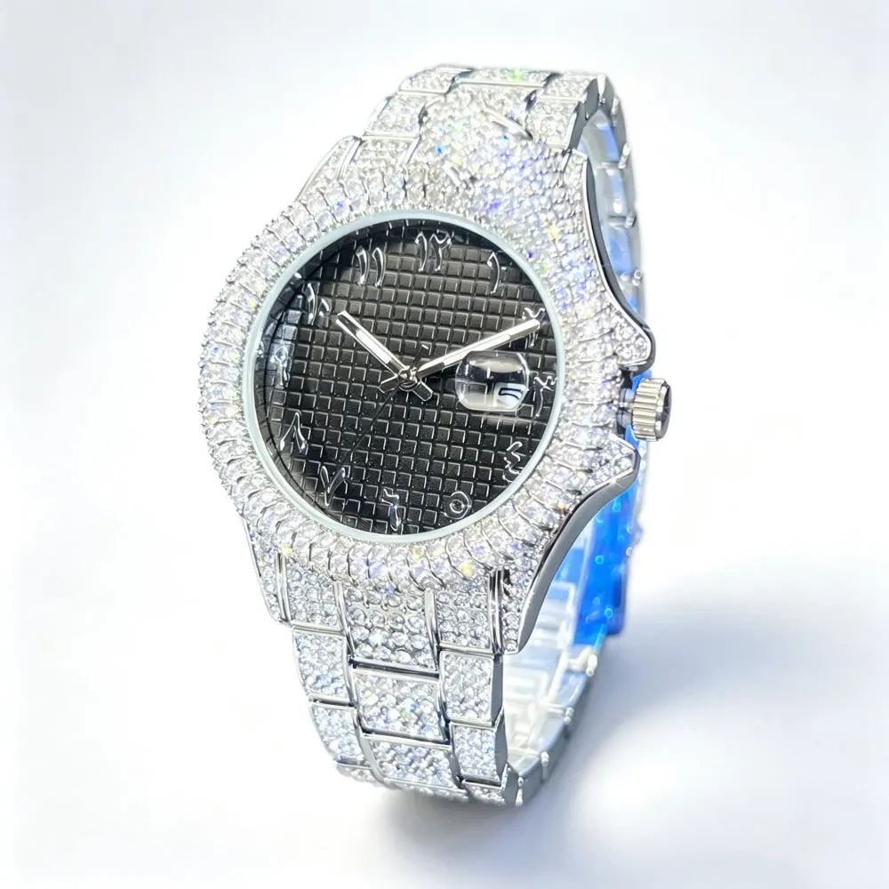 Hip Hop Mens Quartz Watches MISSFOX Automatic Date Iced Wristwatches Fashion Diamond Jewelry Watch For Man Gift New